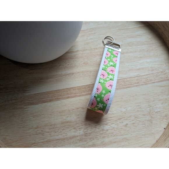 Pig Keychain Wristlet Fabric Key Ring FOB Green Piggy Farm Animals Boho Gift - Picture 5 of 7